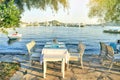 Romantic dinner table by the beach, Outdoor table of a beach restaurant in Gocek Turkey Royalty Free Stock Photo