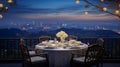 Romantic dinner table for couples, city view, beautiful twilight, special occasion.AI Generated