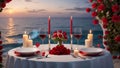 Romantic dinner table for date by the ocean at sunset.Valentine\'s Day,Love,honeymoon set for two Royalty Free Stock Photo