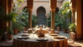 Romantic dinner table set in a Moroccan courtyard. Plates glasses and silverware on a round table. Ornate architecture plants Royalty Free Stock Photo