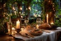 Romantic dinner table setting in enchanted forest Royalty Free Stock Photo