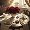 Romantic Dinner Table Setting with Red Roses, Chocolates, and Gift Box AI-GENERATED Royalty Free Stock Photo
