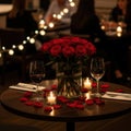 Romantic dinner table setup with roses and wine, isolated on white background Royalty Free Stock Photo