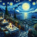 A romantic dinner in a terrace cafe, with sea view in a starry night of Van Gogh, flowers, moonlit, tree, digital painting art