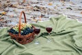 romantic dinner with two glasses of wine and a basket of grapes in nature Royalty Free Stock Photo