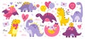 Romantic dinosaur cute characters colorful prints set, lovely monsters sending adoration and love