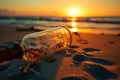 Romantic discovery message in a bottle ashore at sunset