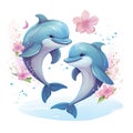 Romantic dolphins couple in sea water with hearts, two ocean animals swimming and jumping together in love