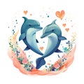 Romantic dolphins couple in sea water with hearts, two ocean animals swimming and jumping together in love