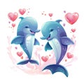 Romantic dolphins couple in sea water with hearts, two ocean animals swimming and jumping together in love