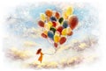 Romantic dream fantasy wedding Painting happiness concept, positive emotions, happy girl with multicolored balloons enjoying on cl Royalty Free Stock Photo