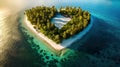 Romantic and dreamy heart-shaped island in the middle of the ocean. Island covered with green palm trees and colorful flowers. Royalty Free Stock Photo