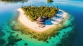 Romantic and dreamy heart-shaped island in the middle of the ocean. Island covered with green palm trees and colorful flowers. Royalty Free Stock Photo