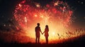 Romantic duo with hands clasped under spectacular heart-shaped fireworks, Ai Generated