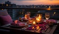 Romantic dusk, candlelit table, wineglass, cityscape luxury, relaxation, celebration generated by AI