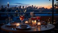 Romantic dusk, outdoor celebration, wineglass, cityscape, candlelit table generated by AI