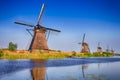 Romantic Dutch Windmills in Kinderdijk Village in the Netherlands Before Sunset Royalty Free Stock Photo