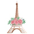 Romantic Eifffel Tower Watercolor Clipart. Paris In Love with pink pastel Eiffel Tower with roses flowers for romantic design