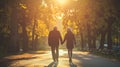 Romantic elder couple taking a walk through the park while holding hands
