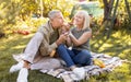 Romantic elderly couple having picnic in their garden, sitting on blanket and eating toasts, spending time outdoors Royalty Free Stock Photo