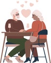 Romantic elderly couple sitting at a cafe table. Smiling mature man and woman drinking wine together. Family talking spending time Royalty Free Stock Photo