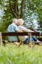 Romantic elderly couple sitting together on a bench in a tranquil day