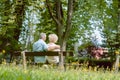 Romantic elderly couple sitting together on a bench in a tranquil summer day