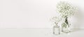 Romantic elegant bouquets white flowers on table wall background. Copy space. Banner format