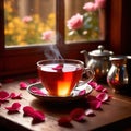 Romantic elegant cup of tea with flower petals