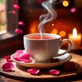 Romantic elegant cup of tea with flower petals
