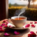 Romantic elegant cup of tea with flower petals