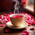 Romantic elegant cup of tea with flower petals