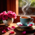 Romantic elegant cup of tea with flower petals