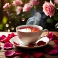 Romantic elegant cup of tea with flower petals