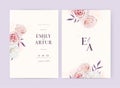 Romantic, elegant wedding invite, save the date card set. Floral watercolor style blush pink, white peony rose flowers, purple, Royalty Free Stock Photo