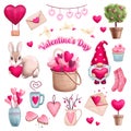 Romantic elements on Valentine's Day. Colored heart stickers, stylized flowers, gnome, rabbit