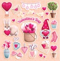 Romantic elements on Valentine's Day. Colored heart stickers, stylized flowers, gnome, rabbit