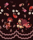 Romantic endless pattern with magic birds, paisley, flowers and leaves on dark brown background. Mexican, indian, thai motives.
