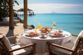 Romantic escape couples time with luxury breakfast, tropical sea sky