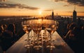 romantic escape in Paris, new year eve wine in the evening, glasses of champagne on Christmas background, glass wine at sunset