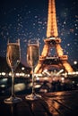 romantic escape in Paris, new year eve wine in the evening, glasses of champagne on Christmas background, glass wine at sunset