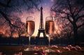 romantic escape in Paris, new year eve wine in the evening, glasses of champagne on Christmas background, glass wine at sunset