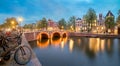 Romantic Evening in Amsterdam. Panoramic views of the famous old houses, bicycles, bridge and canal in the old center. Amsterdam