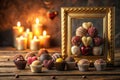 Romantic evening of assorted chocolate truffles displayed in an ornate frame with a soft candlelight glow. Generative AI Royalty Free Stock Photo