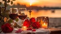 romantic evening in city glass of wine and roses on table in cafe street on sunset ,Valentine day greetings party Royalty Free Stock Photo