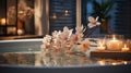 luxury spa with pool ,candles,magnolia flowers in cozy massage salon