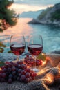 Romantic evening by the sea with red wine and a beautiful sunset seascape- AI Generated Royalty Free Stock Photo