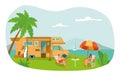 Romantic family couple outdoor camper travel, vacation relax trailer house ocean shorefront flat vector illustration
