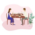 Romantic family dinner. Valentines dinner. Flat vector illustration