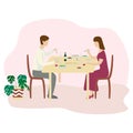 Romantic family dinner. Valentines dinner. Flat illustration